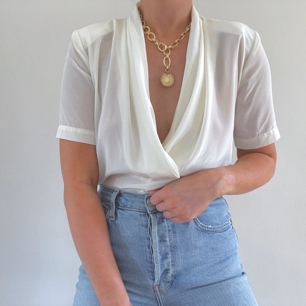 Vintage White Deep V Cowl Neck Short Sleeve Blouse